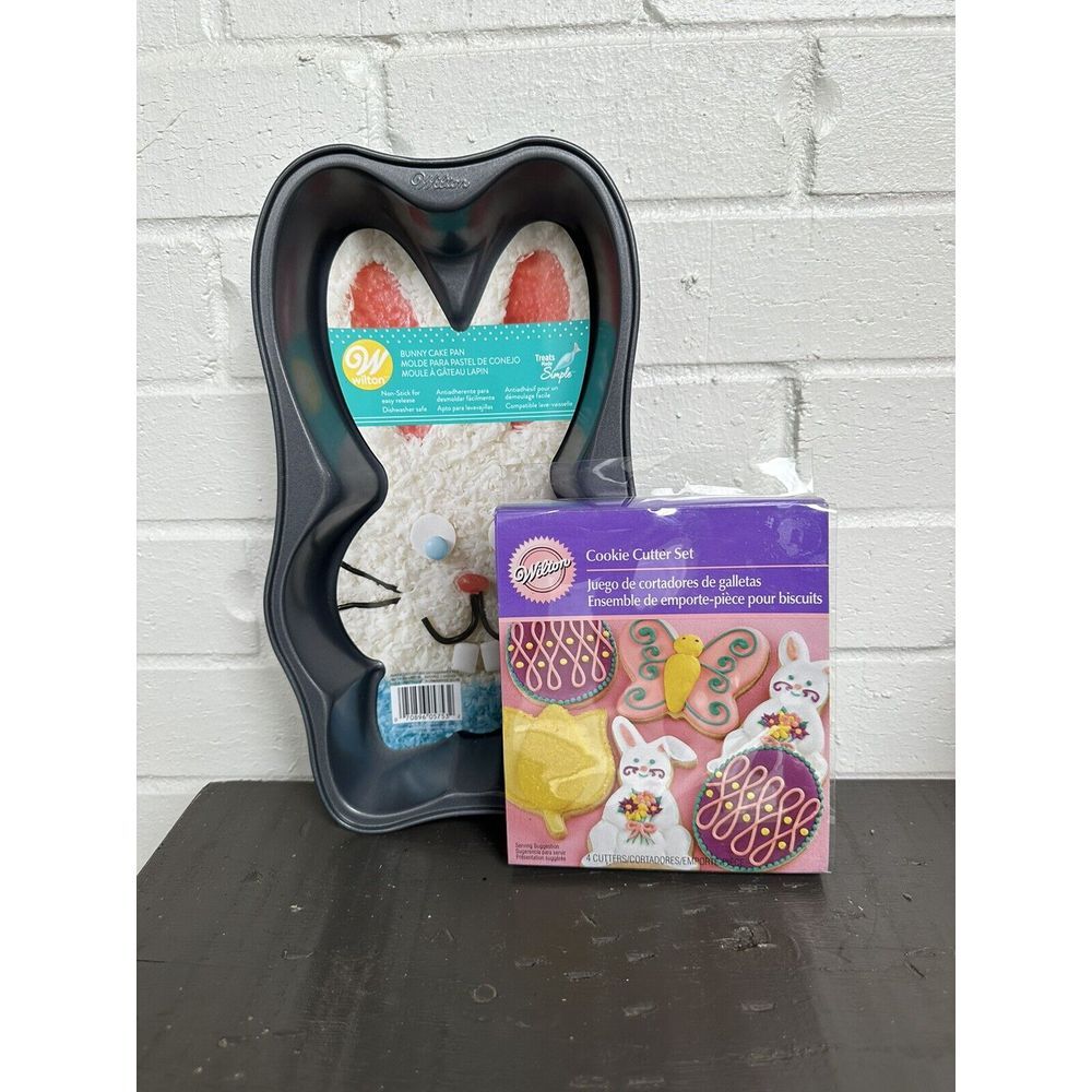 WILTON Easter Bunny Cake Pan NonStick Dishwasher Safe & Easter Cookie Cutter Set